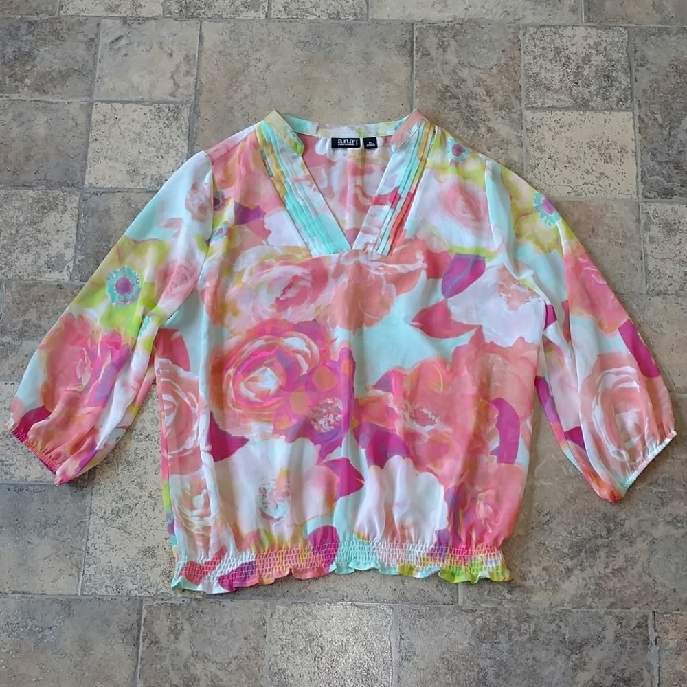 Bright floral semi sheer top size large petite